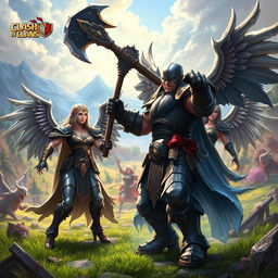 A dynamic scene depicting a fierce clash between a menacing executioner and a trio of elegant Valkyries, inspired by the Clash of Clans universe, without wings