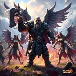 A dynamic scene depicting a fierce clash between a menacing executioner and a trio of elegant Valkyries, inspired by the Clash of Clans universe, without wings