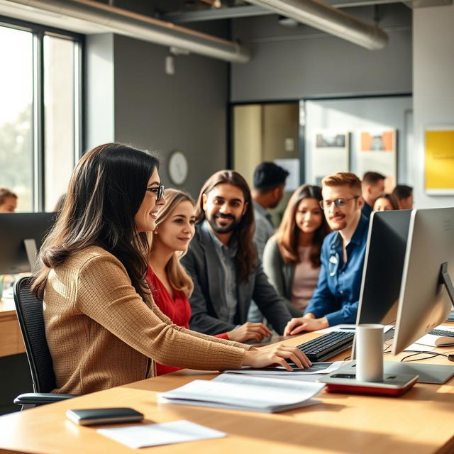 A serene and efficient help desk scene in an office environment, showcasing a modern and inviting workspace