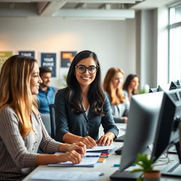 A serene and efficient help desk scene in an office environment, showcasing a modern and inviting workspace