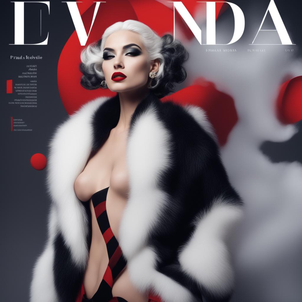 A high-fashion magazine cover featuring a tall, elegant half-Greek model, styled in the spirit of Cruella Deville