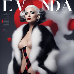 A high-fashion magazine cover featuring a tall, elegant half-Greek model, styled in the spirit of Cruella Deville