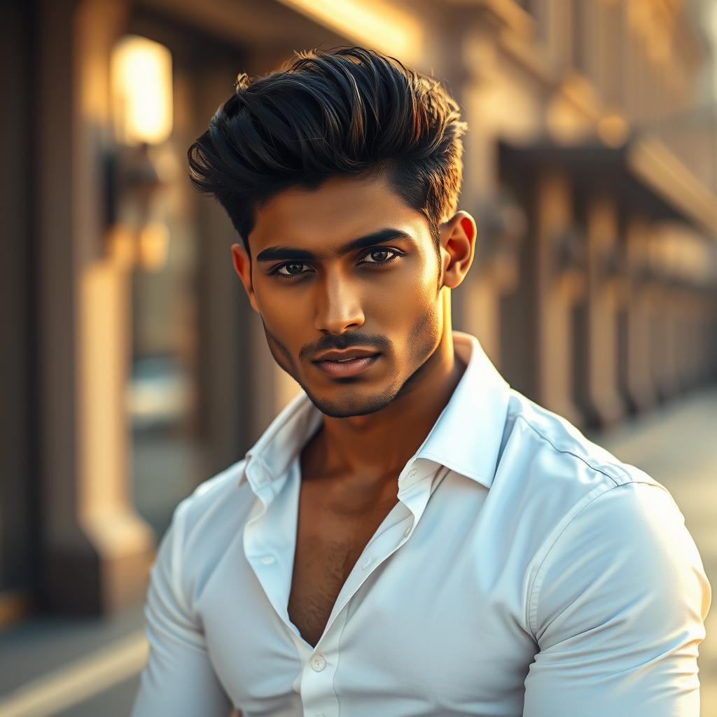 A captivating portrait of a handsome Indian male model with a chiseled jawline, thick black hair, and captivating dark eyes