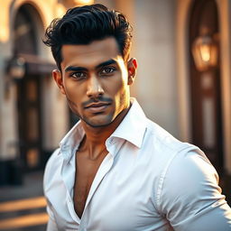A captivating portrait of a handsome Indian male model with a chiseled jawline, thick black hair, and captivating dark eyes