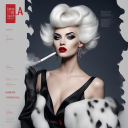 A high-fashion magazine cover featuring a tall, elegant half-Greek model, styled in the spirit of Cruella Deville