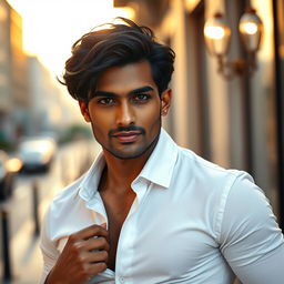 A captivating portrait of a handsome Indian male model with a chiseled jawline, thick black hair, and captivating dark eyes