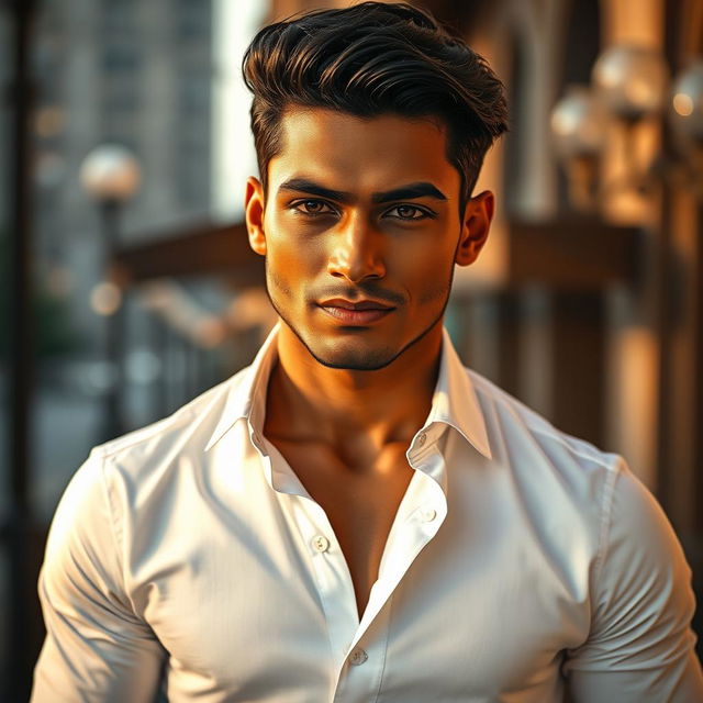 A captivating portrait of a handsome Indian male model with a chiseled jawline, thick black hair, and captivating dark eyes