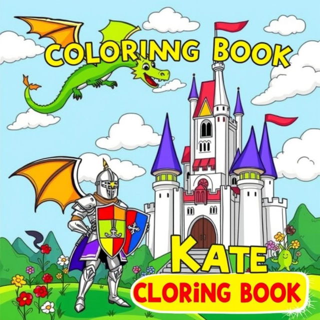 A whimsical and colorful cover for a children's coloring book featuring a majestic dragon soaring over a grand castle