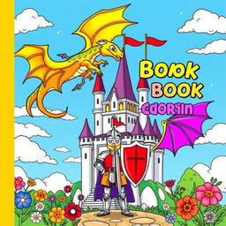A whimsical and colorful cover for a children's coloring book featuring a majestic dragon soaring over a grand castle
