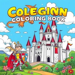 A whimsical and colorful cover for a children's coloring book featuring a majestic dragon soaring over a grand castle