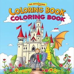 A whimsical and colorful cover for a children's coloring book featuring a majestic dragon soaring over a grand castle