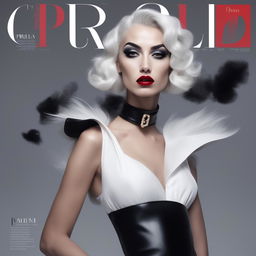 A high-fashion magazine cover featuring a tall, elegant half-Greek model, styled in the spirit of Cruella Deville