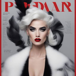 A high-fashion magazine cover featuring a tall, elegant half-Greek model, styled in the spirit of Cruella Deville