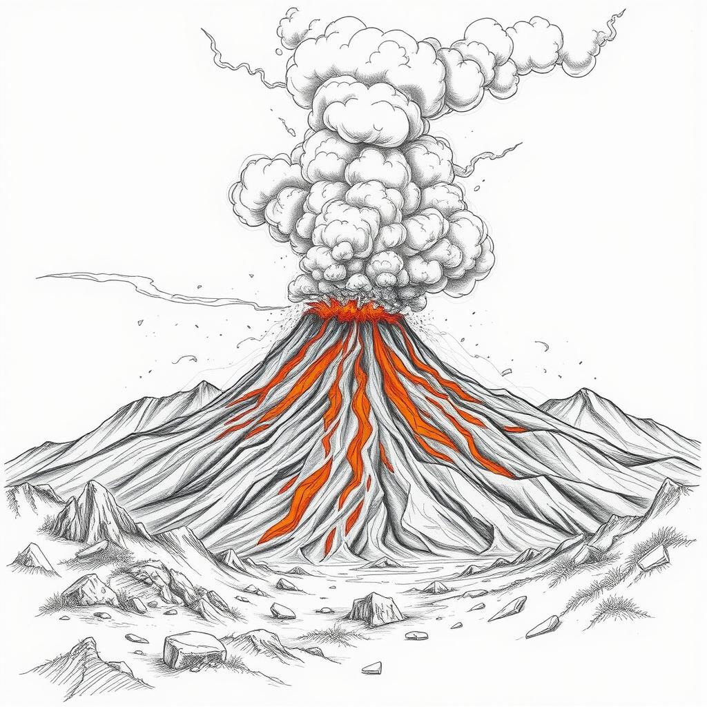 A dramatic volcanic eruption capturing the fury of nature, with thick black smoke billowing into the sky, ash clouds swirling ominously, and molten lava spewing from the volcano's mouth