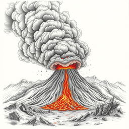 A dramatic volcanic eruption capturing the fury of nature, with thick black smoke billowing into the sky, ash clouds swirling ominously, and molten lava spewing from the volcano's mouth