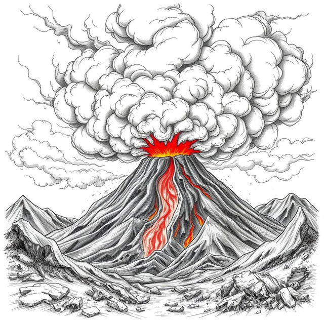 A dramatic volcanic eruption capturing the fury of nature, with thick black smoke billowing into the sky, ash clouds swirling ominously, and molten lava spewing from the volcano's mouth