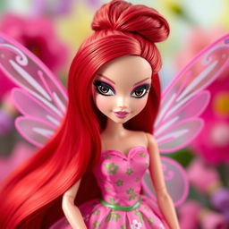 A Bratz doll with long red hair styled up in a bun, featuring striking black eyes