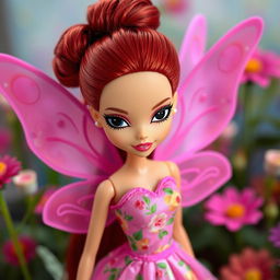 A Bratz doll with long red hair styled up in a bun, featuring striking black eyes
