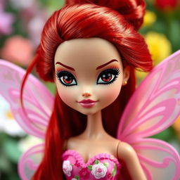A Bratz doll with long red hair styled up in a bun, featuring striking black eyes