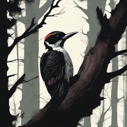 A chilling, high-quality horror movie poster featuring a menacing woodpecker as the central figure