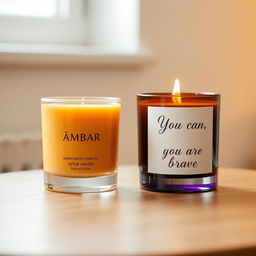 Two beautifully handcrafted candles displayed elegantly on a simple wooden table