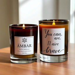 Two beautifully handcrafted candles displayed elegantly on a simple wooden table