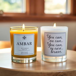 Two beautifully handcrafted candles displayed elegantly on a simple wooden table