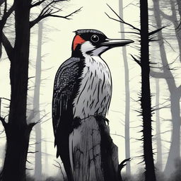 A chilling, high-quality horror movie poster featuring a menacing woodpecker as the central figure