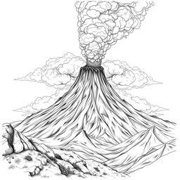 A dramatic volcanic eruption depicted as a nature-themed pencil drawing focusing on outlines only