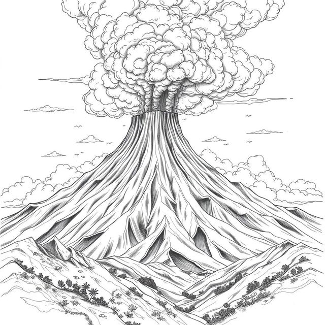 A dramatic volcanic eruption depicted as a nature-themed pencil drawing focusing on outlines only