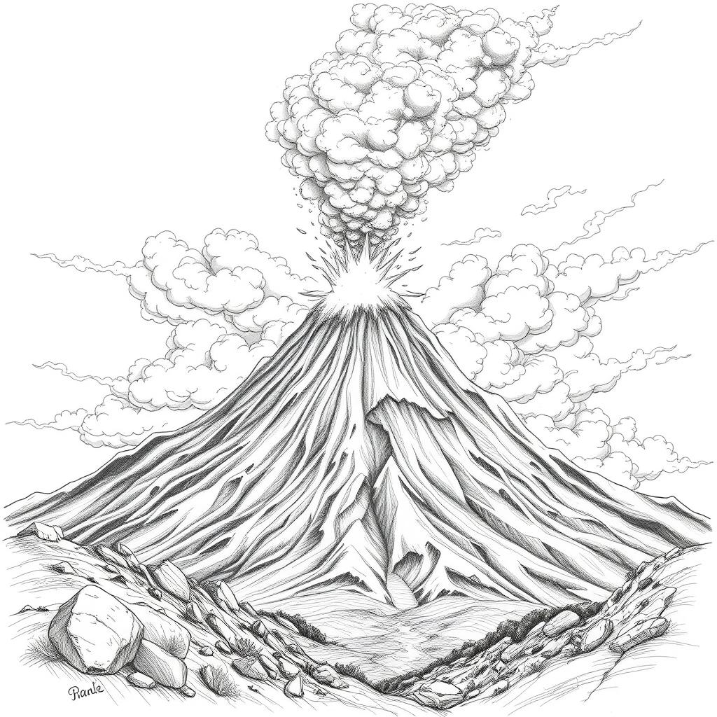 A dramatic volcanic eruption depicted as a nature-themed pencil drawing focusing on outlines only