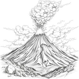 A dramatic volcanic eruption depicted as a nature-themed pencil drawing focusing on outlines only