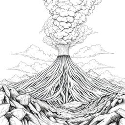 A dramatic volcanic eruption depicted as a nature-themed pencil drawing focusing on outlines only