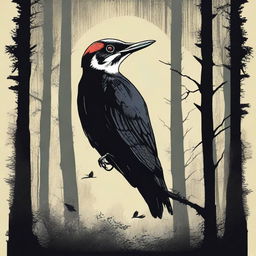 A chilling, high-quality horror movie poster featuring a menacing woodpecker as the central figure