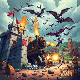 A vibrant and dynamic scene depicting a bat fortress siege machine inspired by Clash of Clans