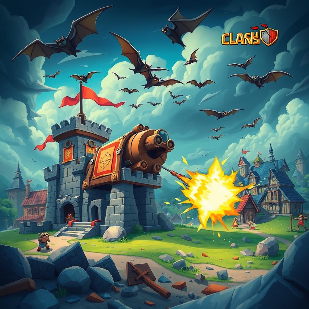 A vibrant and dynamic scene depicting a bat fortress siege machine inspired by Clash of Clans
