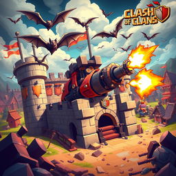 A vibrant and dynamic scene depicting a bat fortress siege machine inspired by Clash of Clans