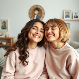A warm and affectionate moment between two sisters, showcasing their close bond as they share a gentle kiss on the cheek