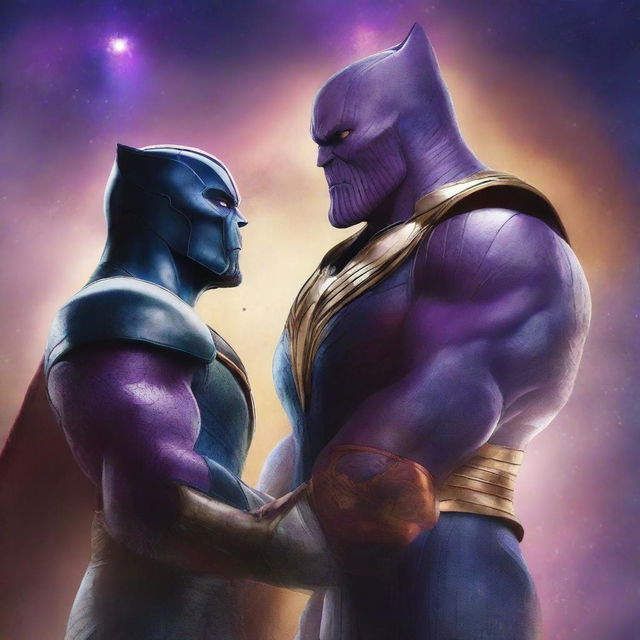 A dynamic, high-quality digital art poster featuring a woodpecker and Thanos in an epic face-off