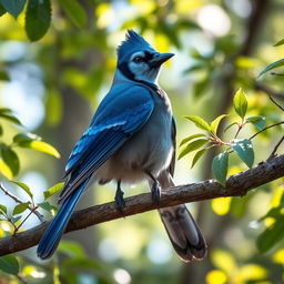 A high-resolution portrait of a regal blue jay perched elegantly on a tree branch, surrounded by vibrant green leaves