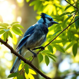 A high-resolution portrait of a regal blue jay perched elegantly on a tree branch, surrounded by vibrant green leaves