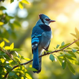 A high-resolution portrait of a regal blue jay perched elegantly on a tree branch, surrounded by vibrant green leaves