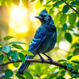 A high-resolution portrait of a regal blue jay perched elegantly on a tree branch, surrounded by vibrant green leaves