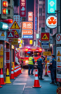 An urban street scene featuring the sides adorned with various emergency signs and warnings