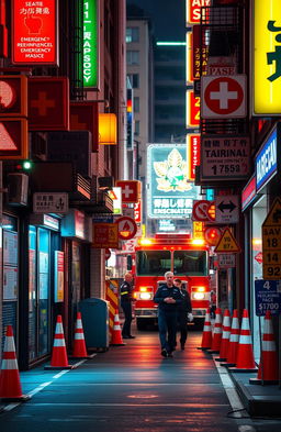 An urban street scene featuring the sides adorned with various emergency signs and warnings
