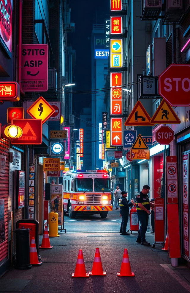 An urban street scene featuring the sides adorned with various emergency signs and warnings