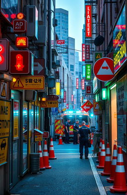 An urban street scene featuring the sides adorned with various emergency signs and warnings