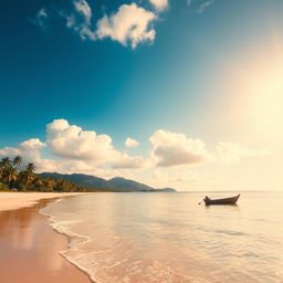 A serene tropical island landscape featuring fluffy white clouds scattered across a bright blue sky, with lush green palm trees lining the sandy shores and gentle waves lapping at the beach