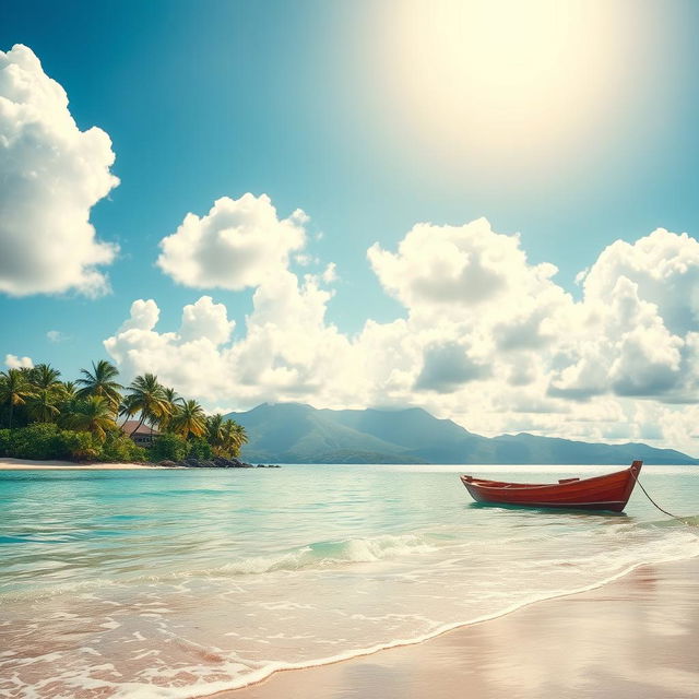 A serene tropical island landscape featuring fluffy white clouds scattered across a bright blue sky, with lush green palm trees lining the sandy shores and gentle waves lapping at the beach