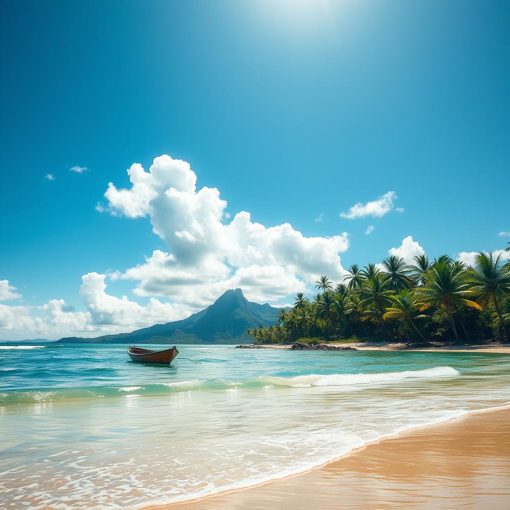 A serene tropical island landscape featuring fluffy white clouds scattered across a bright blue sky, with lush green palm trees lining the sandy shores and gentle waves lapping at the beach